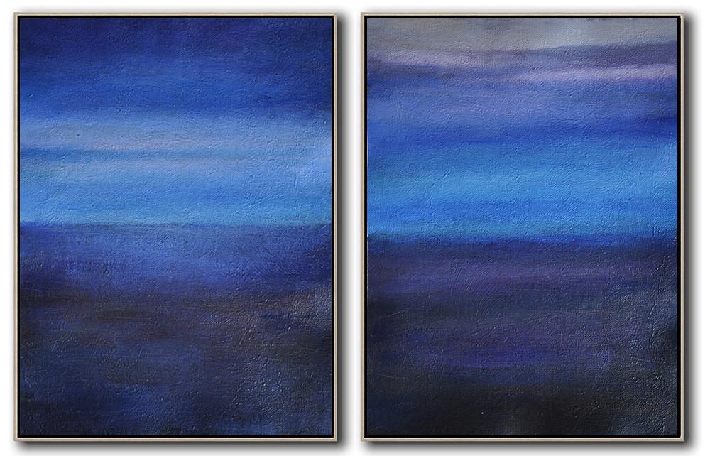 Hand Made Abstract Art,Set Of 2 Abstract Painting On Canvas,Large Abstract Art Handmade Acrylic Painting,Light Blue,Dark Blue,Grey,Black.etc